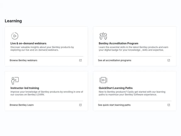 The Learning dashboard interface in CONNECTION Client showing four resource options: Live & on-demand webinars, Bentley Accreditation Program, Instructor-led training, and QuickStart Learning Paths.