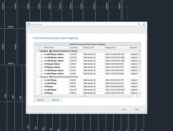 The Column and Framing Section Export Mappings dialog box in ISM Revit Plug-in, demonstrating database mapping of Revit structural columns and framing families to AISC standards.
