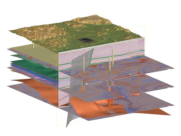 A geological modeling screen from Leapfrog Works highlighting rapid dynamic modeling, borehole data visualization, and subsurface stratigraphy estimation for civil engineering works.