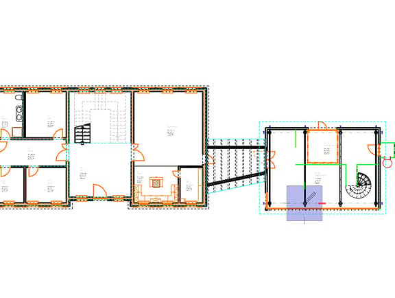 2D architectural floor plan layout drafted in OpenBuildings Speedikon, showing interior room partitions, door swings, staircases, and dimensional details.