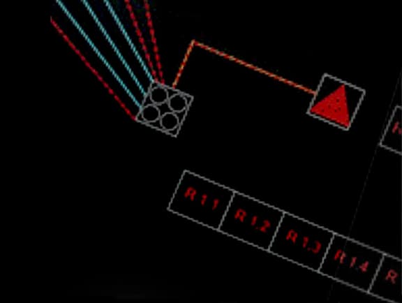 A network schematic diagram in OpenComms PowerView displaying orange connectivity lines, equipment nodes, and fiber rack configuration labels on a dark background.