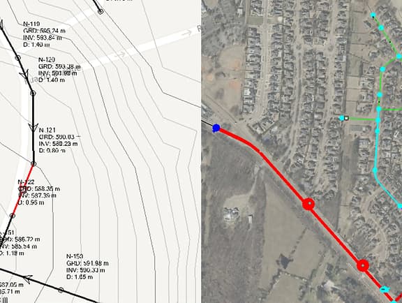 Split screen in OpenFlows WorkSuite displaying a CAD profile with elevation and invert labels on the left and a water utility pipeline overlay on an aerial map on the right.