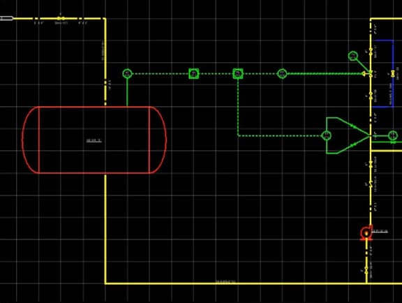 Process and Instrumentation Diagram (P&ID) in OpenPlant PID, displaying a red horizontal vessel, yellow process lines, green instrument signals, and pump symbols.