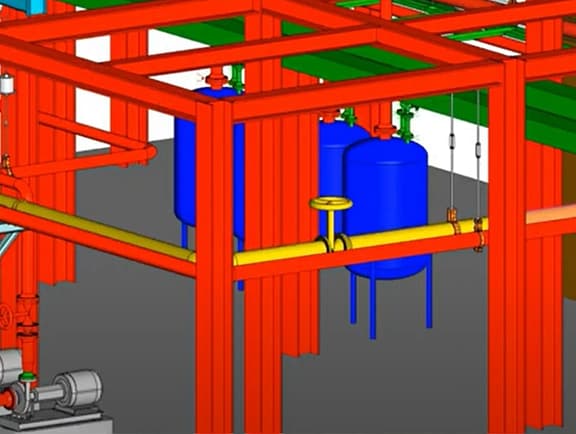 3D mechanical support engineering view in OpenPlant Support Engineering, displaying red structural framing supporting blue process tanks and yellow pipes.