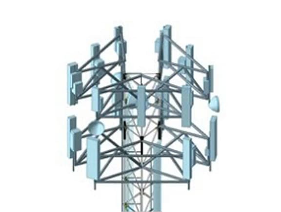 A detailed 3D CAD structure of a telecommunications tower antenna mount in OpenTower Mount Analysis, displaying sector frames and panel antennas.