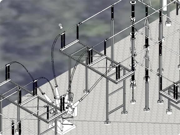 Wireframe view in OpenUtilities Substation performing an electrical clearance check between components 