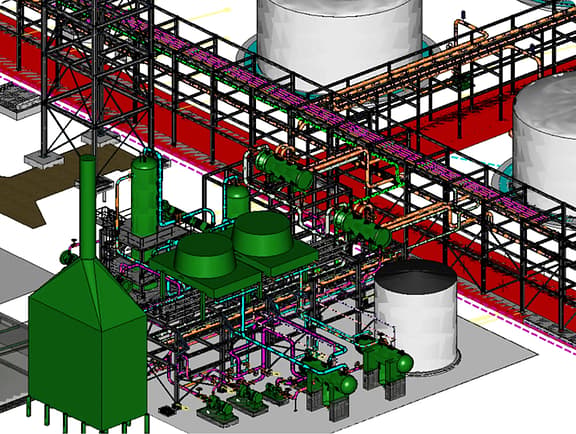Comprehensive 3D process plant model in Plant Design WorkSuite, showing structural steel platforms, green vessels, storage tanks, and complex process pipeways.