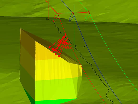 3D terrain model in PLS-CADD showing transmission line clearance analysis. Red vectors measure distance from conductors to a highlighted building obstruction, demonstrating structural clearance check capabilities.