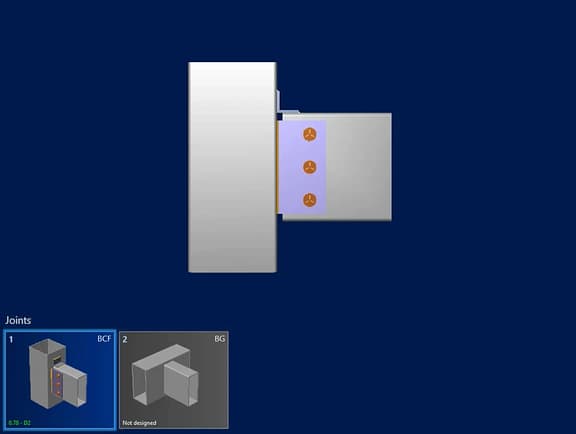 A 3D rendering of a structural steel column-to-beam connection with purple shear plates and three bolts, alongside a joint design list interface in RAM Connection, showing steel joint design validation.