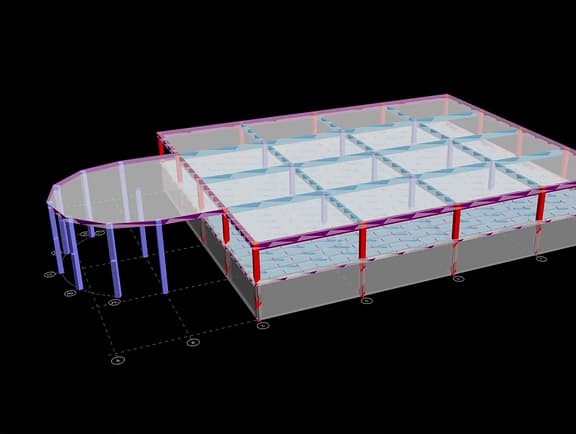 A 3D structural model of a low-rise multi-story building framing with gray floor slabs, columns, beams, and a cantilevered curved canopy in RAM Structural System, demonstrating concrete building design.