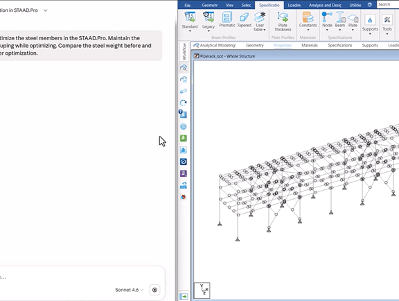 STAAD.Pro with Copilot processing a steel member optimization request alongside a structural steel model