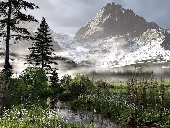 A photorealistic, highly detailed natural landscape render created with e-on software, featuring a flowing stream, lush green meadows with white wildflowers, evergreen forests under a misty low-lying fog, and a towering snow-dusted mountain peak.