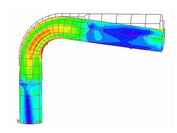 ADINA finite element analysis (FEA) simulation illustrating 3D stress distribution on a pipe elbow using color-coded stress gradients.