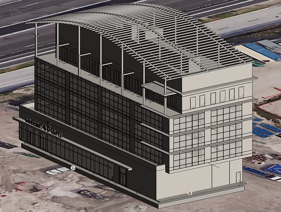 A high-fidelity 3D CAD architectural model of a modern multi-story commercial building, 'Gourmet Lofts,' featuring glass facade paneling and a large curved trellis roof structure, displayed inside Bentley View.