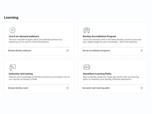 The Learning dashboard interface in CONNECTION Client showing four resource options: Live & on-demand webinars, Bentley Accreditation Program, Instructor-led training, and QuickStart Learning Paths.