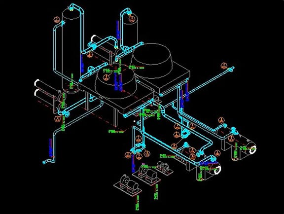 Orthographic piping view generated in OpenPlant Orthographics Manager, illustrating 3D wireframe models of industrial plant equipment, process lines, and annotation markers.