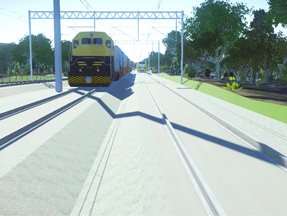 Conceptual 3D railway corridor model in OpenRail ConceptStation, showing tracks, overhead lines, trees, and passenger and cargo locomotives on the railway track.