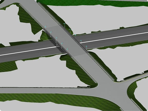 3D model of a highway overpass and intersection, visualizing the road design from OpenRoads Designer 
