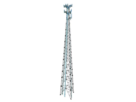 A 3D lattice telecommunications tower structure modeled in OpenTower Designer, displaying steel framing, climbing ladders, and top antenna arrays.