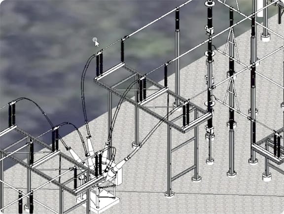 Wireframe view in OpenUtilities Substation performing an electrical clearance check between components 