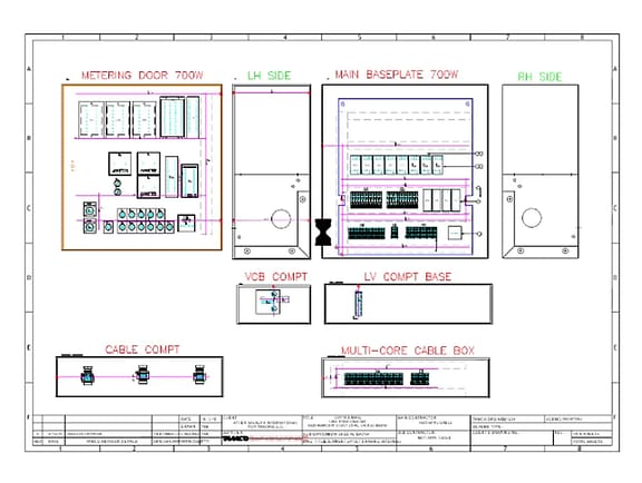 The Promis.e software workspace showcasing automated wiring diagrams, panel layout tools, and error-checking analysis reports.