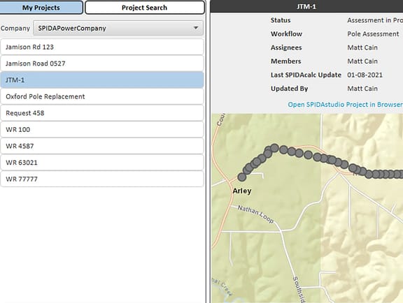 A dashboard interface showing project lists, status cards like Pole Assessment in progress, and a map with a sequence of utility pole assets along a road in SPIDAstudio, representing utility project tracking.