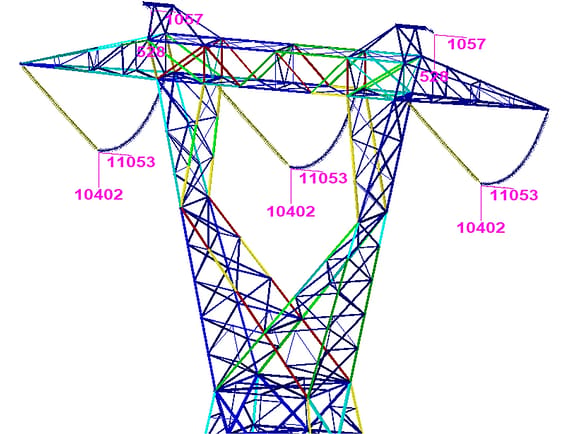 Close-up 3D structural analysis of a lattice transmission tower bridge in TOWER. Highlighted members show color-coded stress ratios under load cases with force vectors and dimensions.
