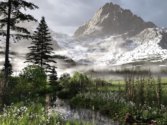 A photorealistic, highly detailed natural landscape render created with e-on software, featuring a flowing stream, lush green meadows with white wildflowers, evergreen forests under a misty low-lying fog, and a towering snow-dusted mountain peak.