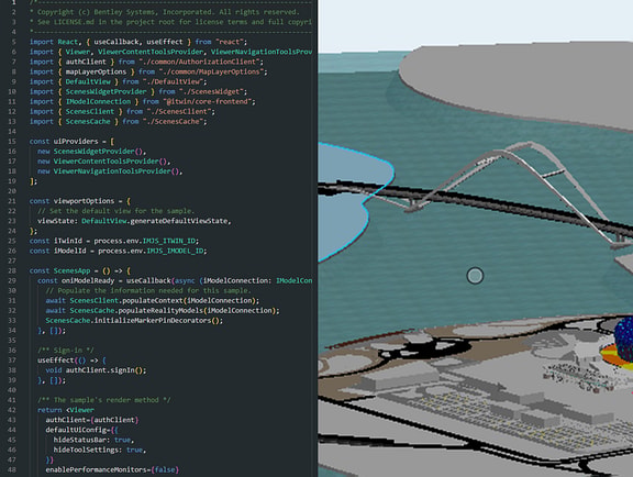 A developer-oriented split screen showing React JavaScript application source code on the left, and a corresponding 3D digital twin visualization of a bridge structure over water on the right, created using the iTwin Platform.