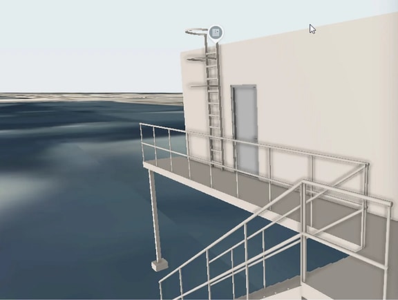 A 3D architectural engineering model in AssetWise ALIM, showing a detailed platform structure with stairs, railings, and a vertical safety ladder leading to a door on an industrial building, highlighting lifecycle information management and asset visualization.
