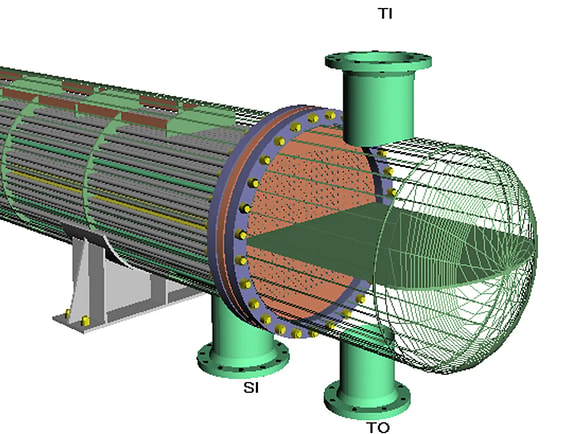 Detailed 3D mechanical model of a shell-and-tube heat exchanger in AutoPIPE Vessel, showing internal tubes, baffles, support structures, and nozzle connections labeled TI, SI, and TO for pressure vessel analysis.