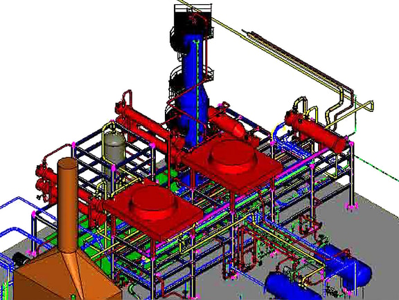 Detailed 3D CAD model of an industrial process plant skid in Bentley Raceway and Cable Management, showcasing structural steel framing, red equipment vessels, and complex cable tray paths.