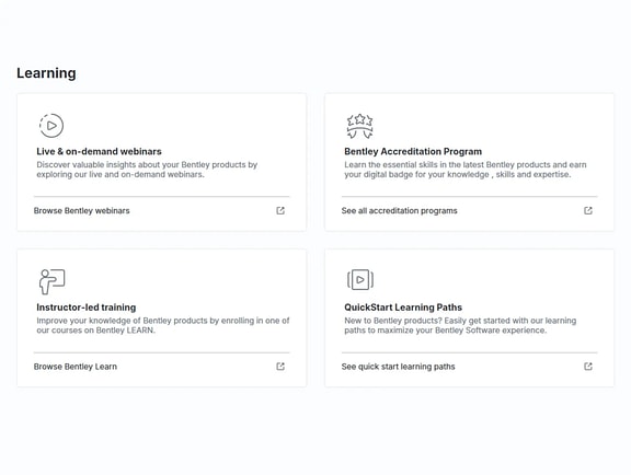 The Learning dashboard interface in CONNECTION Client showing four resource options: Live & on-demand webinars, Bentley Accreditation Program, Instructor-led training, and QuickStart Learning Paths.