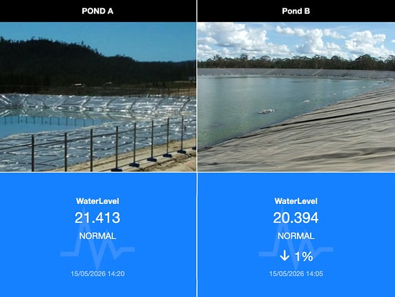 A real-time environmental monitoring dashboard in eagle.io displaying water level telemetry data and live camera feeds for industrial containment basins Pond A and Pond B.