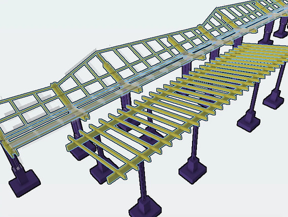 A 3D physical and analytical structural model of parallel pedestrian canopy walkways with steel trusses and pier supports, visualized in iTwin Analytical Synchronizer.