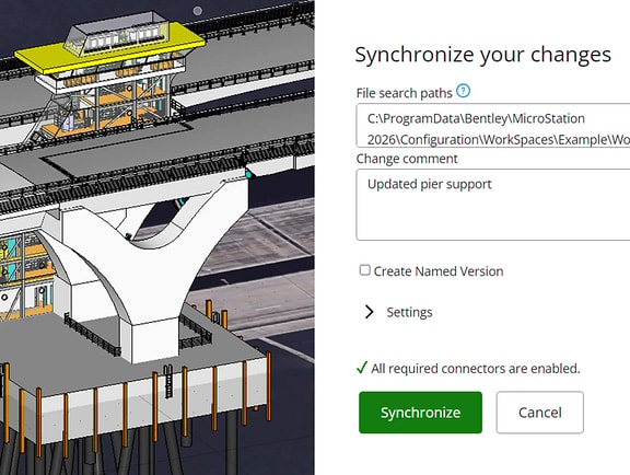 A split screen in iTwin Synchronizer showing a highly detailed structural bridge pier foundation CAD model on the left, and a 'Synchronize your changes' code commit and collaboration panel on the right.