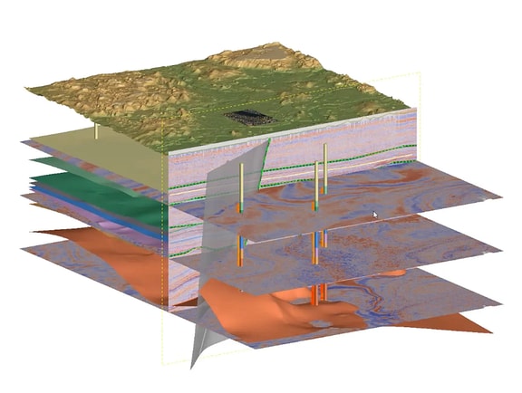 A geological modeling screen from Leapfrog Works highlighting rapid dynamic modeling, borehole data visualization, and subsurface stratigraphy estimation for civil engineering works.