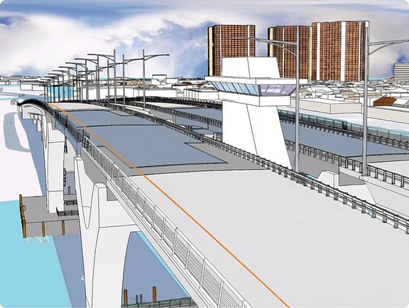 3D model of a multi-lane bridge and highway project designed in MicroStation, set against a city skyline. 