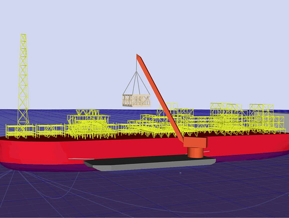 Offshore marine operation simulation in MOSES, showing a cargo barge vessel with a crane lifting structural steel components, demonstrating hydrodynamic and installation analysis.