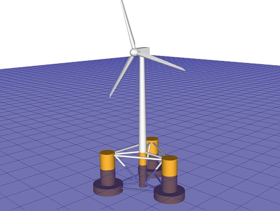 A 3D model from MOSES software of a floating offshore wind turbine.