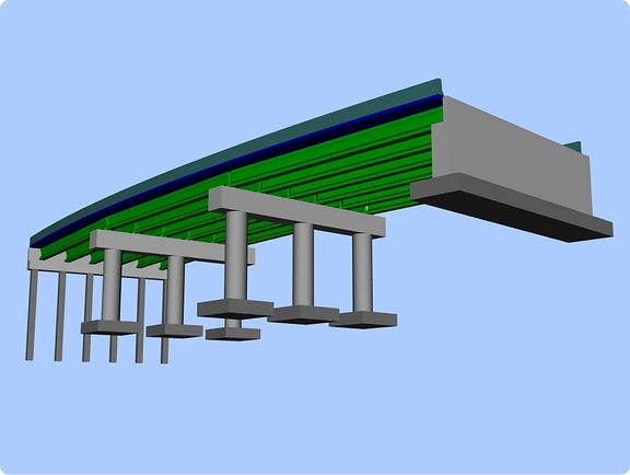 3D model of a steel girder bridge with a concrete deck and pier supports, created in OpenBridge Designer 