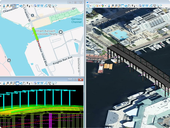 OpenBridge Modeler interface showing a bridge design in map, 3D satellite, and profile views