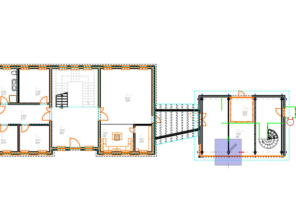 2D architectural floor plan layout drafted in OpenBuildings Speedikon, showing interior room partitions, door swings, staircases, and dimensional details.