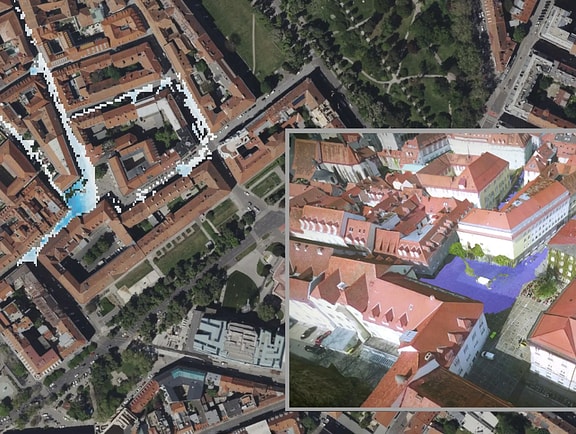 Split-screen flood simulation in OpenFlows FLOOD showing urban street runoff flow paths on the left and a 3D blue water flood overlay next to building models on the right.