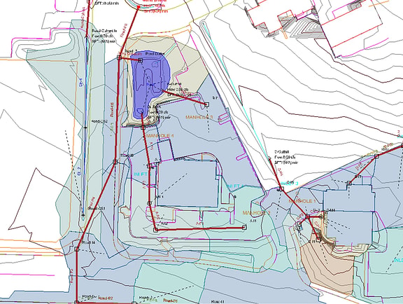 Stormwater runoff and drainage network layout in OpenFlows Storm, displaying terrain contours, manholes, and pipe connections around commercial building plans.