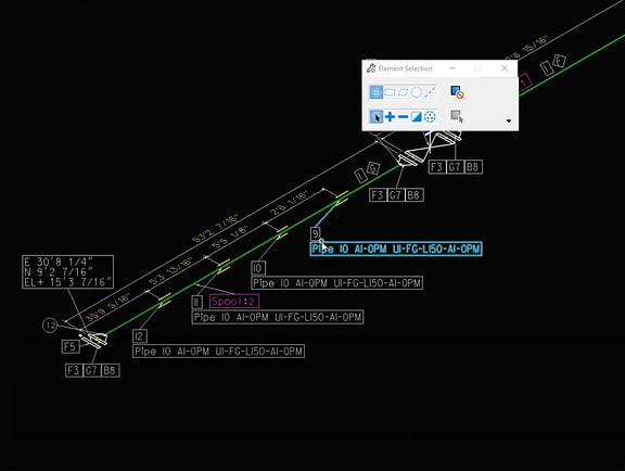 Isometric piping schematic in OpenPlant Isometrics Manager, illustrating dimensional pipe runs, line identifiers, and material specification tags on a CAD design canvas.