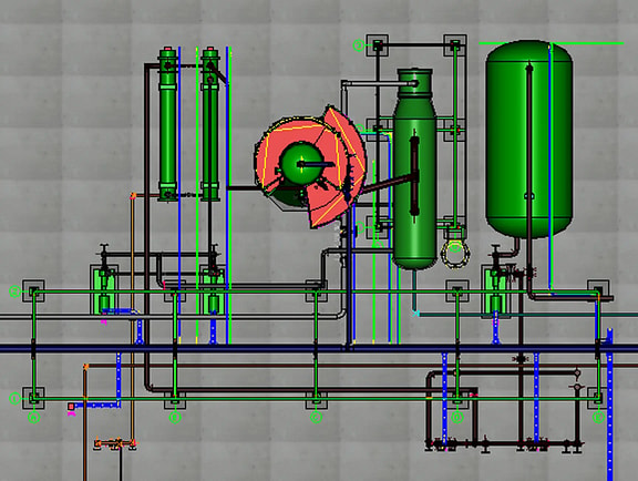 Top-down 2D engineering layout of a process plant skid in OpenPlant Modeler, displaying equipment outlines, green storage vessels, and color-coded process piping.
