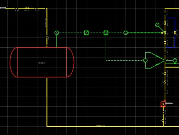 Process and Instrumentation Diagram (P&ID) in OpenPlant PID, displaying a red horizontal vessel, yellow process lines, green instrument signals, and pump symbols.