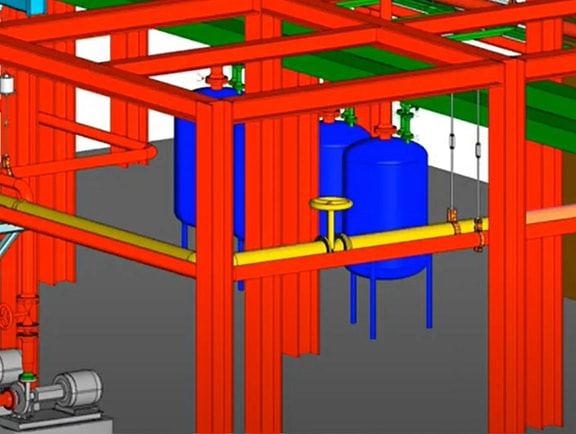 3D mechanical support engineering view in OpenPlant Support Engineering, displaying red structural framing supporting blue process tanks and yellow pipes.