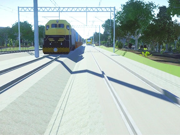 Conceptual 3D railway corridor model in OpenRail ConceptStation, showing tracks, overhead lines, trees, and passenger and cargo locomotives on the railway track.